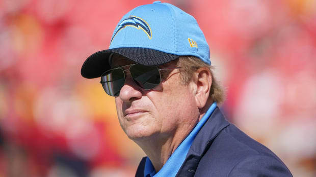 Sep 26, 2021; Kansas City, Missouri, USA; Los Angeles Chargers owner and president Dean Spanos watches play against the Kansas City Chiefs during the first half at GEHA Field at Arrowhead Stadium. Mandatory Credit: Denny Medley-USA TODAY Sports